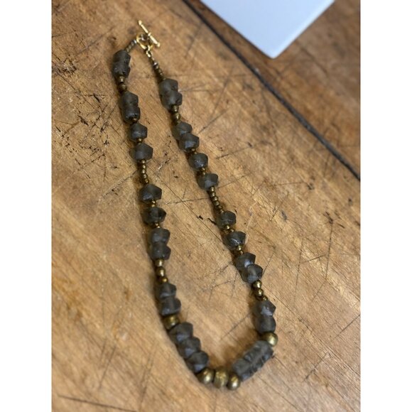Vintage-Style Gray & Gold Beaded Necklace With Toggle Clasp 24-Inch Handmade Sta - Picture 6 of 9